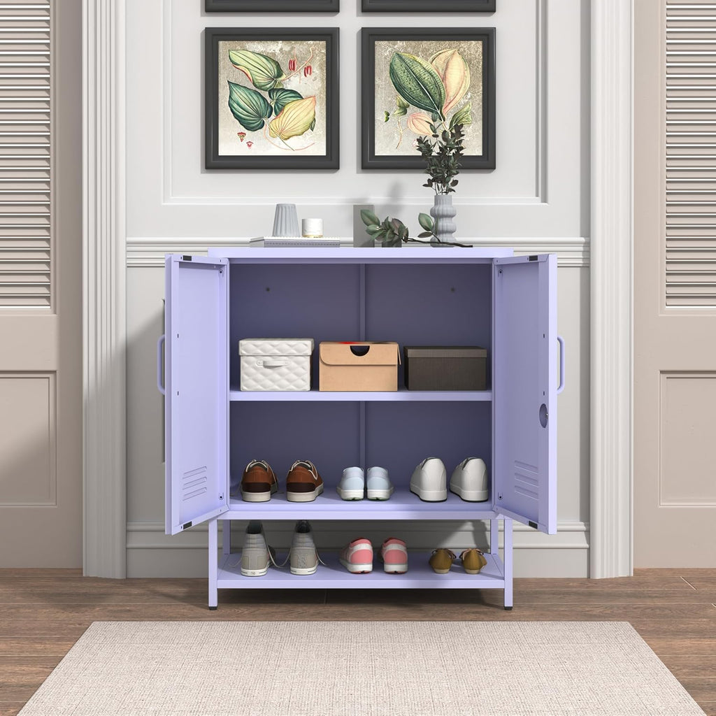 Three Tier Metal Shoe Cabinet for Home use Featuring Adjustable Shelves Multifunctional Two Door Storage Cabinet Suitable for entryways and hallways Purple Size: 13.8" D x 29.5" W x 33" H