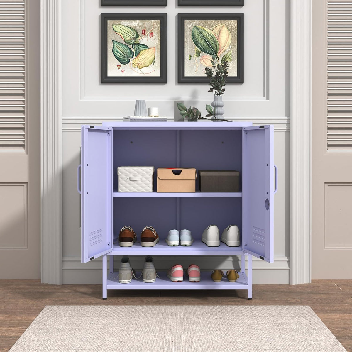 Three Tier Metal Shoe Cabinet for Home use Featuring Adjustable Shelves Multifunctional Two Door Storage Cabinet Suitable for entryways and hallways Purple Size: 13.8" D x 29.5" W x 33" H