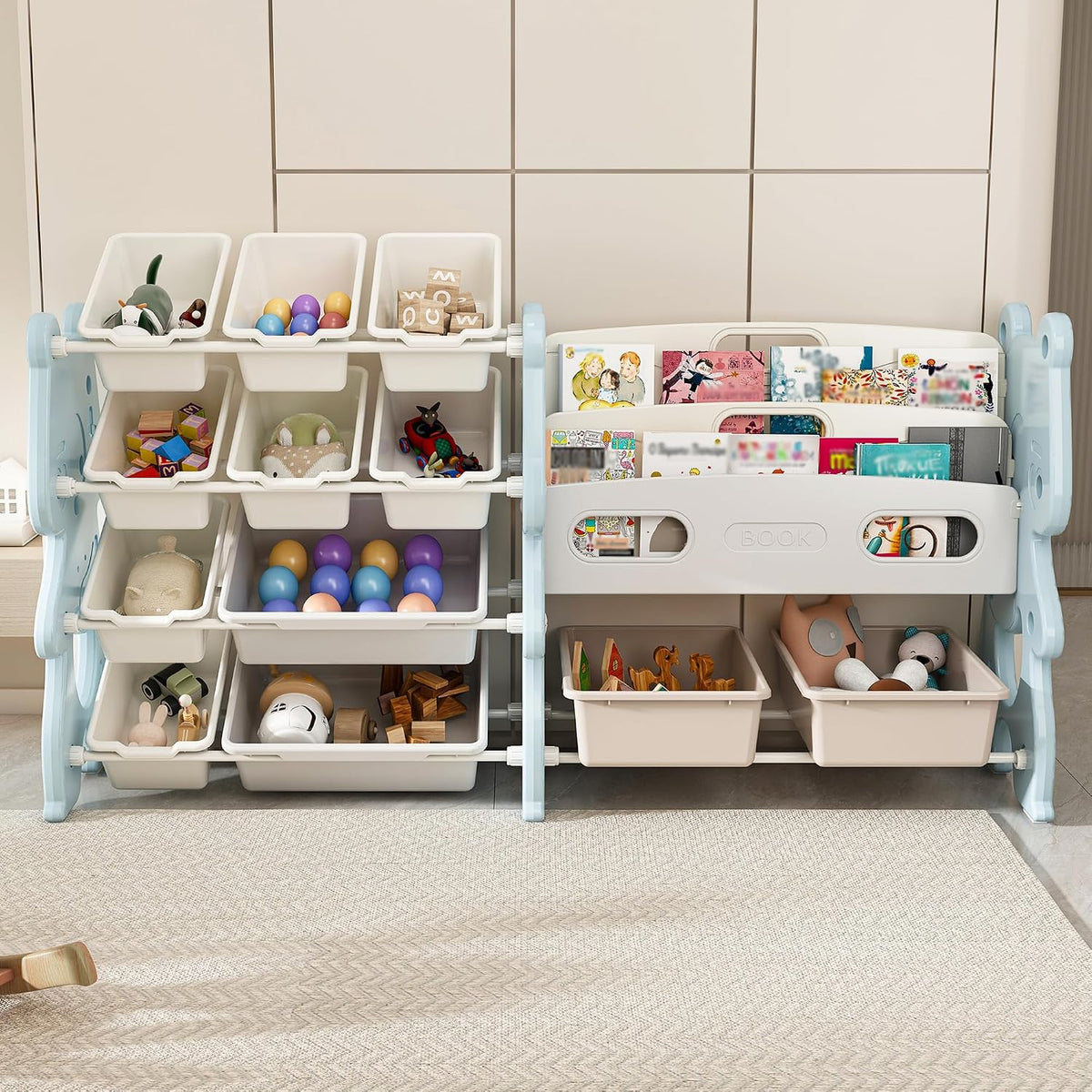 Runboll Kids Toy Storage Organizer with 2 Tier Bookshelf and 12 Bins, Multi-Purpose Children's Toy Shelf Organizer with Bins for Playroom, Bedroom, Nursery, Living Room