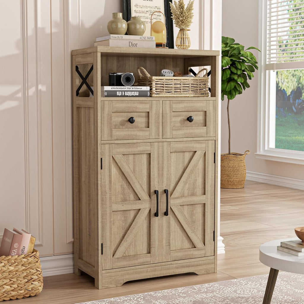 FiveWillowise Natural Storage Cabinet with Doors and Shelves, Standing Kitchen Pantry Cabinet, Floor Storage Hutch Cupboard, Coffee Bar Station for Dining, Living Room, Home Office