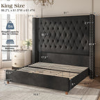 PaPaJet King Bed Frame 61.4" Tall Upholstered Wingback Headboard, Black