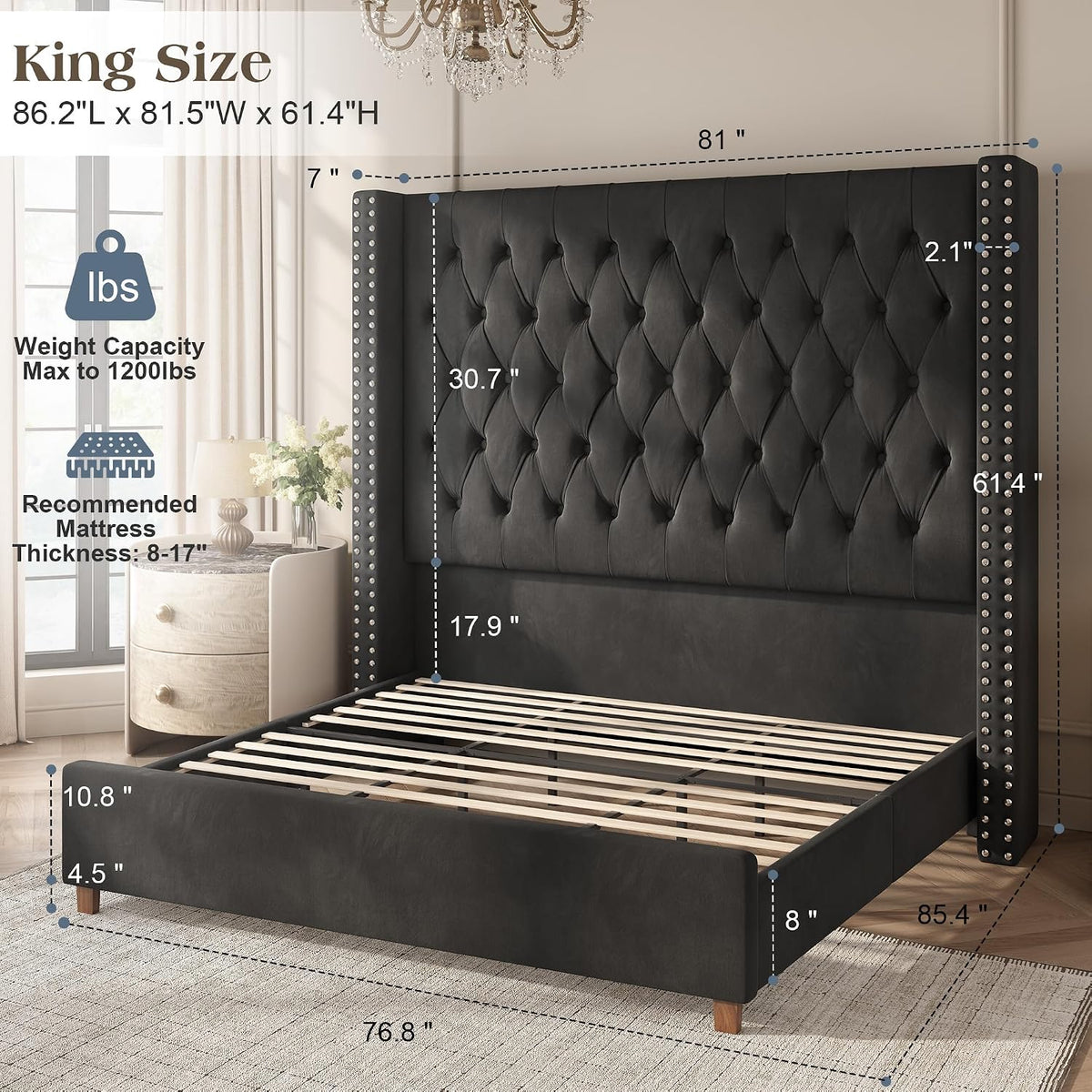 PaPaJet King Bed Frame 61.4" Tall Upholstered Wingback Headboard, Black
