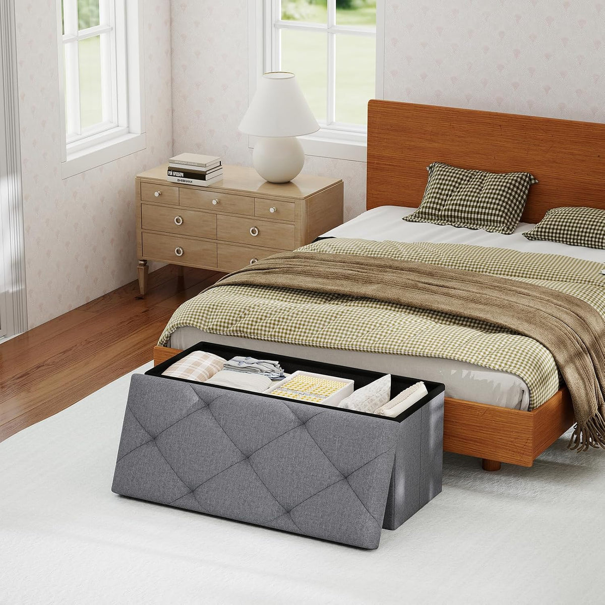 30 Inches Storage Ottoman, Folding Storage Ottoman Bench,Ottomans Foot Rest, End of Bed Bench 400LBS, Ottomans Bench Storage for Bedroom, Entryway, Living Room, Grey, 15" D x 30" W x 15" H