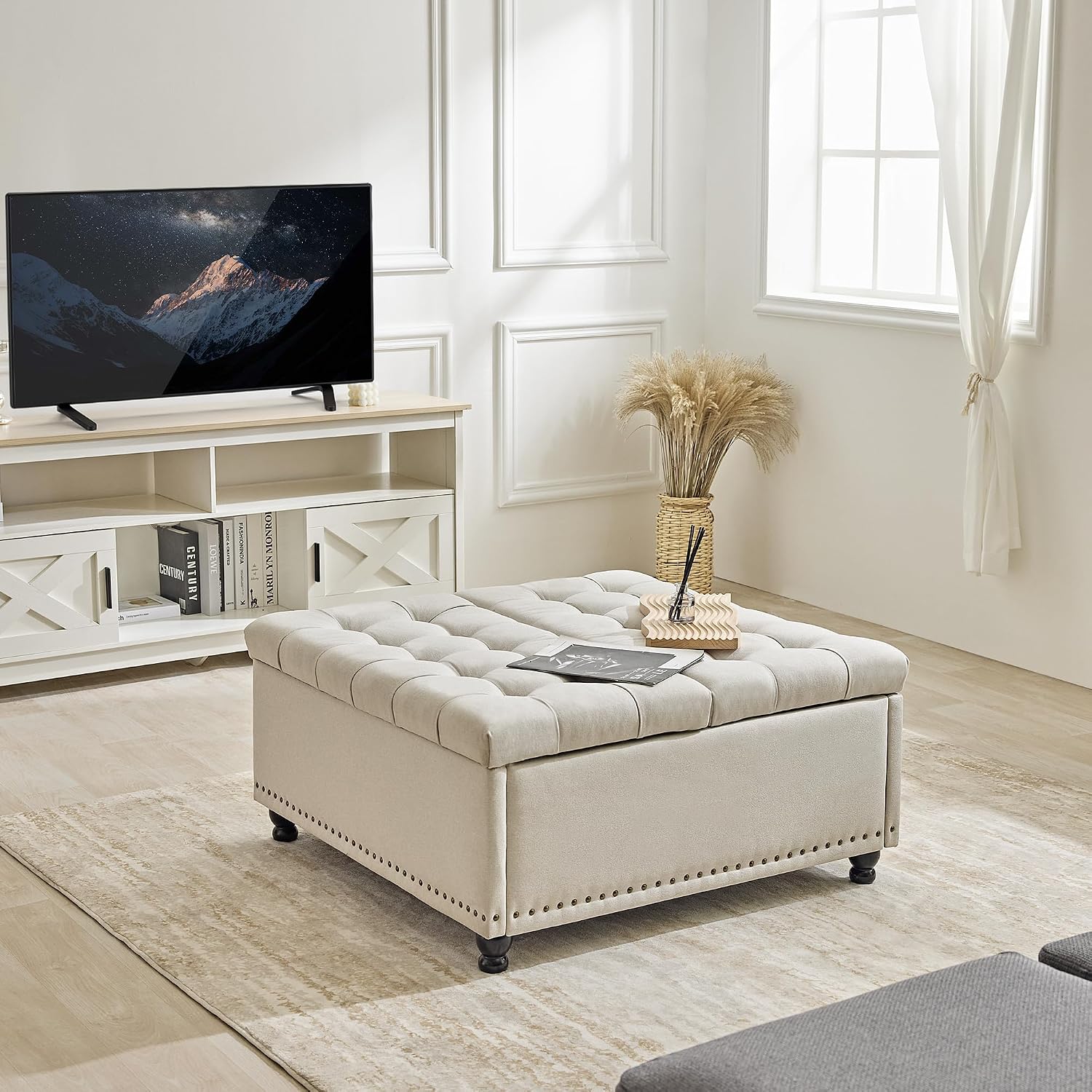 Redlife 35 Inch Large Square Storage Ottoman, Coffee Table Ottoman, Linen | Lift Top Ottomans Bench Square Footrest Oversized Upholstered Coffee Table for Living Room Bedroom (Beige)