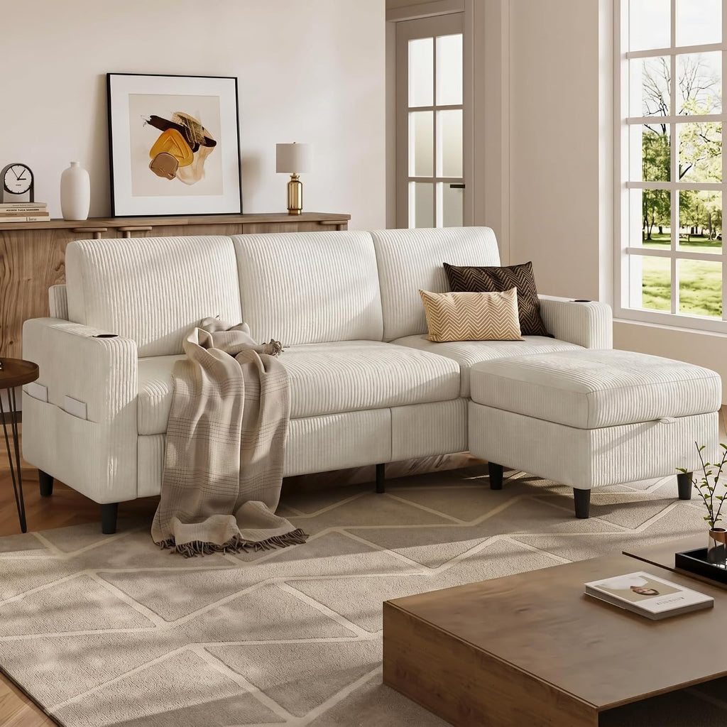 Convertible Sectional Couches for Living Room, 3 Seats L Shaped Sofa with Storage Ottoman & 2 Cup Holders, Modern Corduroy Couch Small Sofas for Small Space, Apartment, Office, Beige