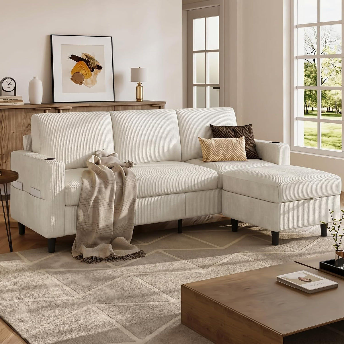 Convertible Sectional Couches for Living Room, 3 Seats L Shaped Sofa with Storage Ottoman & 2 Cup Holders, Modern Corduroy Couch Small Sofas for Small Space, Apartment, Office, Beige