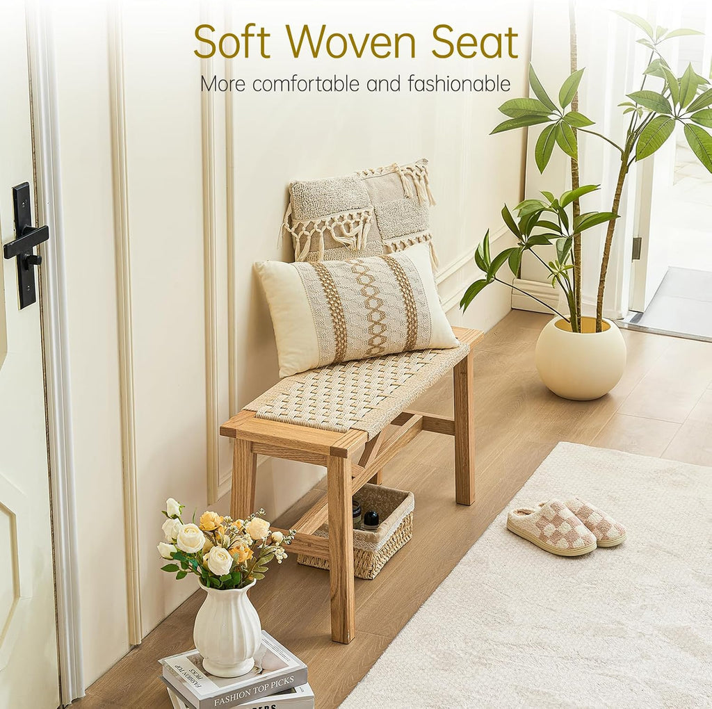 Solid Wood Narrow Bench, 33.46" Woven Bench for Entryway and Hallway, End of Bed Bench with Oak Frame, Boho Accent Bench - 500lbs Capacity (Natural White)