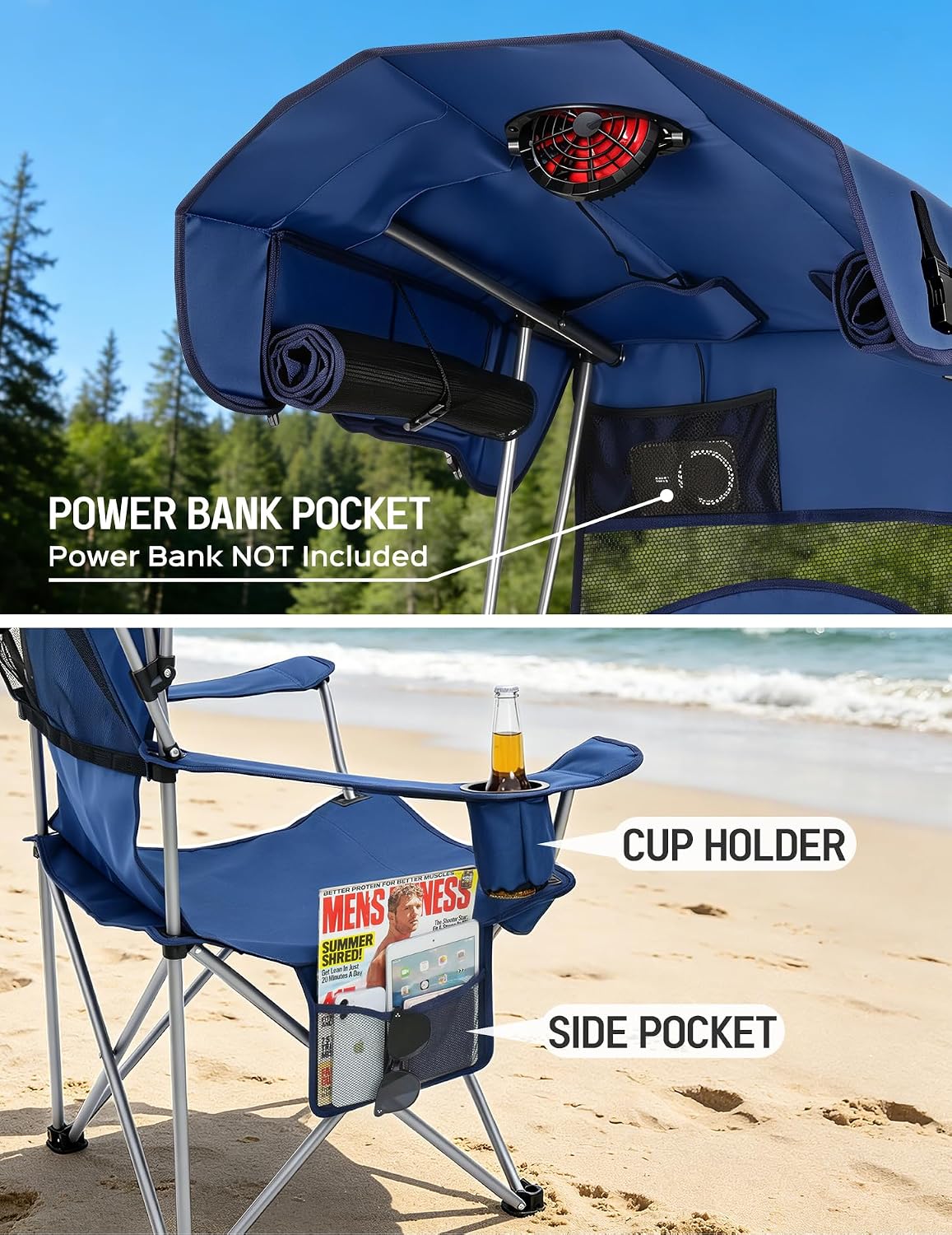 East Oak Camping Chair with Canopy & Fan, 25" High Back Canopy Chair with Powerful & Quiet USB Fan (Battery Not Included), 330 lbs Heavy Duty Beach Chair with Canopy Shade