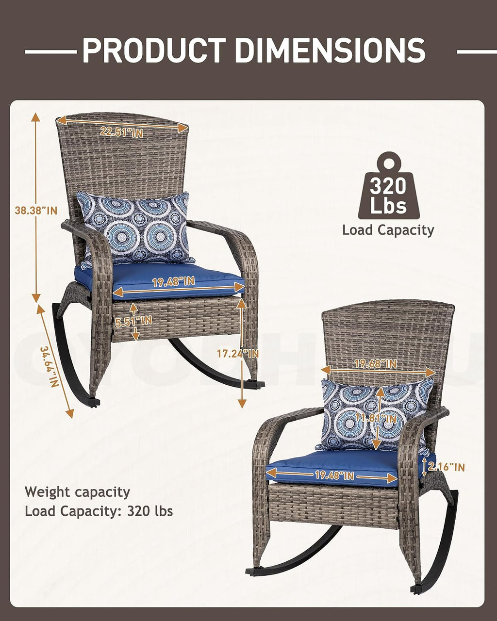 Outdoor Rocking Chairs Set of 2, Patio Rocker Chairs with Cushions & Steel Frame, All Weather Porch Rocking Chairs for Garden, Backyard, Poolside (Grey Rattan & Navy Blue Cushion, 320lbs)