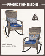 Outdoor Rocking Chairs Set of 2, Patio Rocker Chairs with Cushions & Steel Frame, All Weather Porch Rocking Chairs for Garden, Backyard, Poolside (Grey Rattan & Navy Blue Cushion, 320lbs)