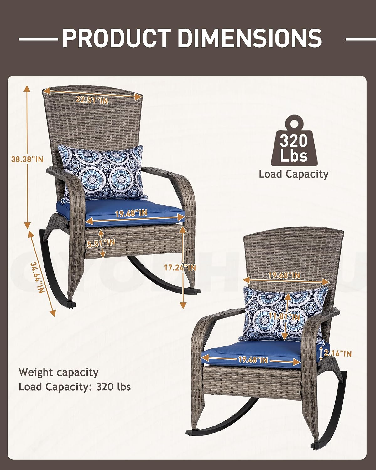 Outdoor Rocking Chairs Set of 2, Patio Rocker Chairs with Cushions & Steel Frame, All Weather Porch Rocking Chairs for Garden, Backyard, Poolside (Grey Rattan & Navy Blue Cushion, 320lbs)