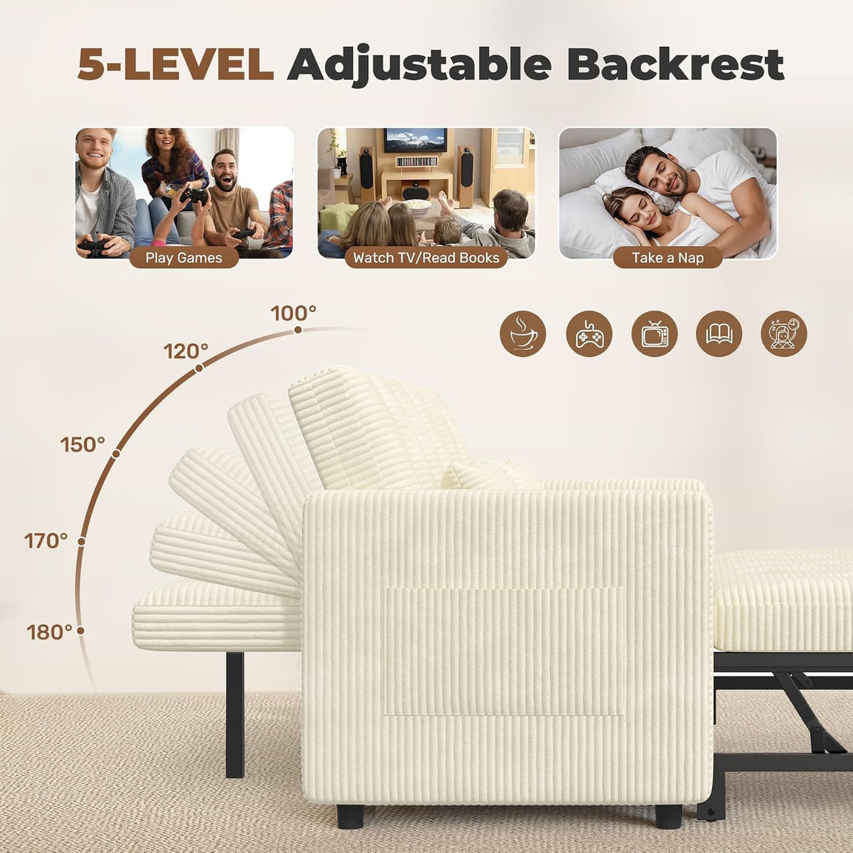 Nebuaegis Sleeper Sofa Bed,3-in-1 Convertible Pull Out Couch with Adjustable Backrest for Living Room,Loveseat Sofa Bed with Side Pockets,Easy Assembly,Beige,1 PCS