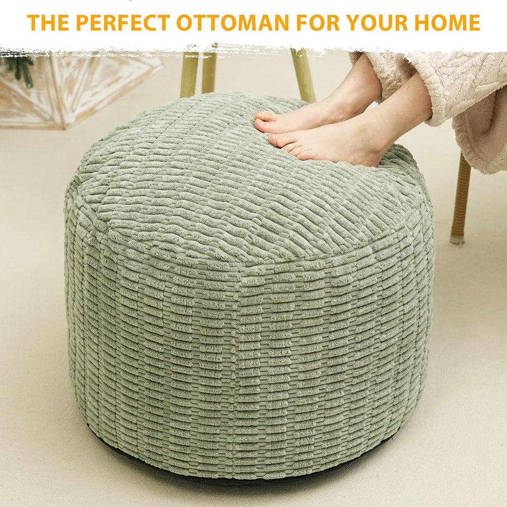 Round Stuffed Pouf Ottoman for Foot Rest 20" X 15" Faux Fur Poufs, Green | Storage Ottoman Pouf Foot Stool Cushion with Foam Chunk Filling, Floor Chair for Living Room Bedroom Home Decor