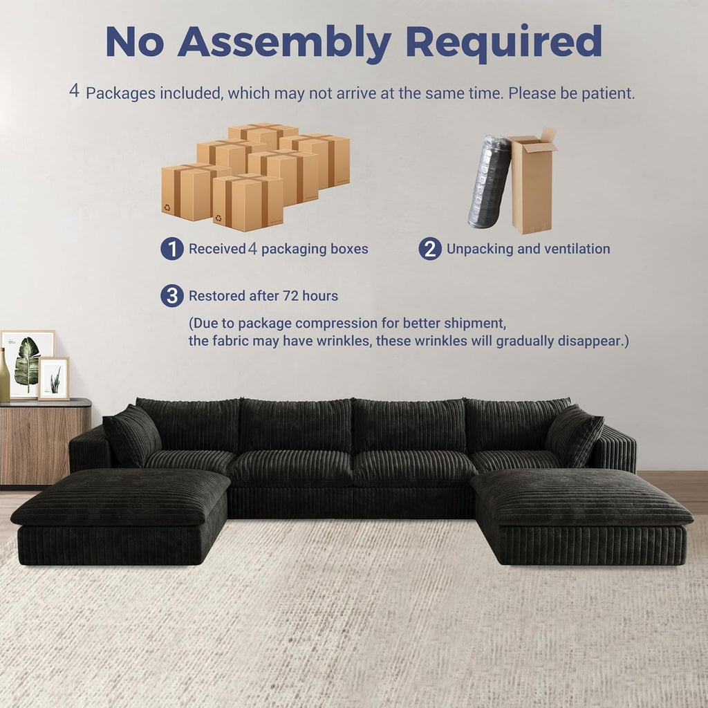 157.6" Oversized Cloud Sofa with 2 Ottomans, Modern Corduroy U Shaped Modular Sectional Couch, Deep Seat Floor Furniture Set, No Assembly Required (4 Seater+2 Ottoman)