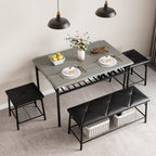 GAOMON Dining Table with Benches, Kitchen Table Set for 4, Dining Room Table Set with Upholstered Bench and Square Stools, Metal and Wood Dining Table Set for 4 with Storage for Small Space-Grey