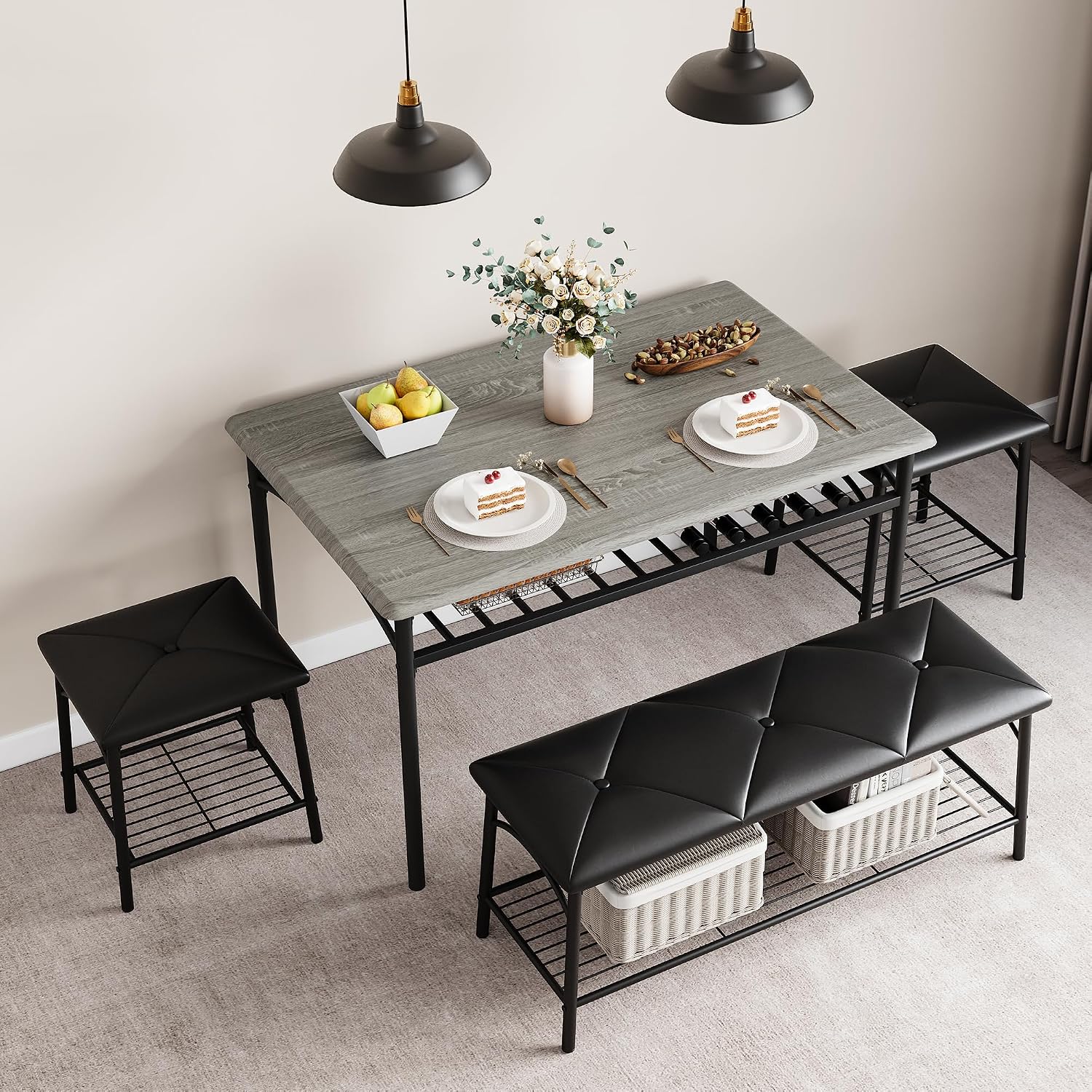 GAOMON Dining Table with Benches, Kitchen Table Set for 4, Dining Room Table Set with Upholstered Bench and Square Stools, Metal and Wood Dining Table Set for 4 with Storage for Small Space-Grey