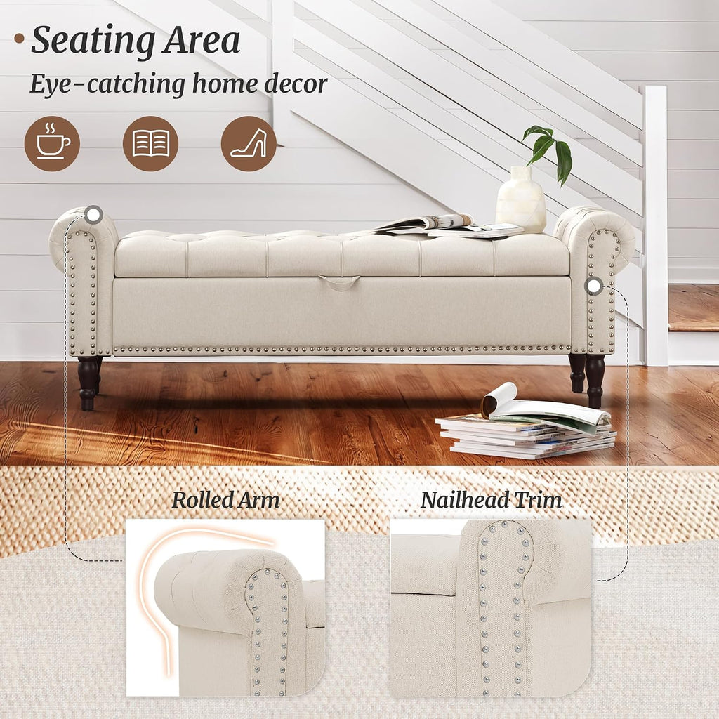 Cozyman Storage Bench Ottoman, 61" King Linen Rolled Arm Bedroom End of Bed Bench, Window Bench with Button Tufted and Nailhead Trim for Foot of Bed Bench, Bedroom, Entryway, Living Room, Linen Color