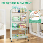 TOOLF 4-Tier Rolling Cart, Metal Utility Cart, Slide Out Storage Cart with Wooden Tabletop and Mesh Baskets for Narrow Space on Kitchen Bathroom Laundry Room Bedroom Apartments Dormitory (Green, Wide)