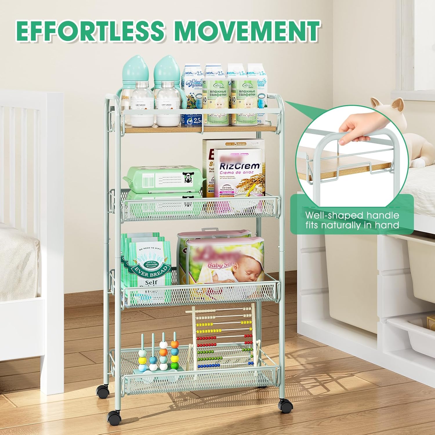 TOOLF 4-Tier Rolling Cart, Metal Utility Cart, Slide Out Storage Cart with Wooden Tabletop and Mesh Baskets for Narrow Space on Kitchen Bathroom Laundry Room Bedroom Apartments Dormitory (Green, Wide)