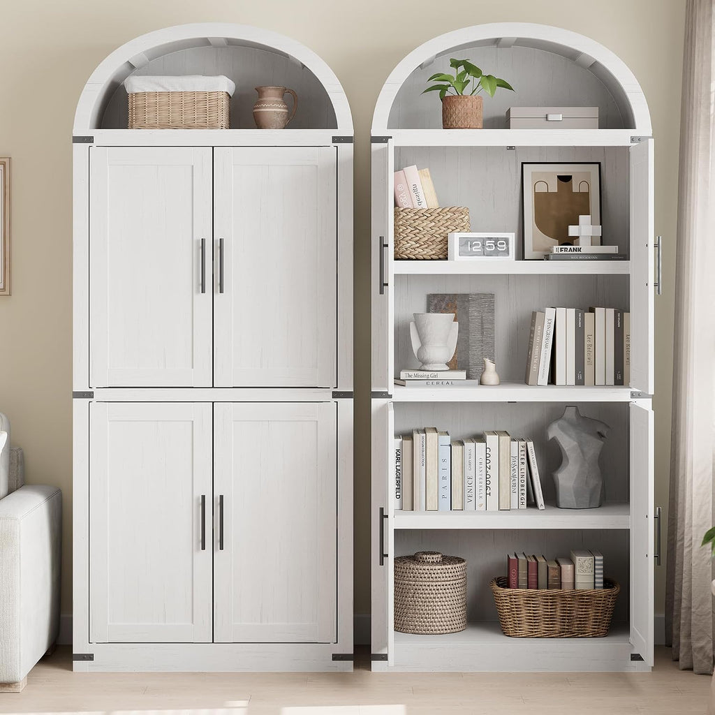 Arched Storage Cabinet 71.6" Tall Storage Pantry, Farmhouse Pantry White Kitchen Cabinet withDoors, 5 Tier Kitchen Cabinets for Dining Room Rustic White