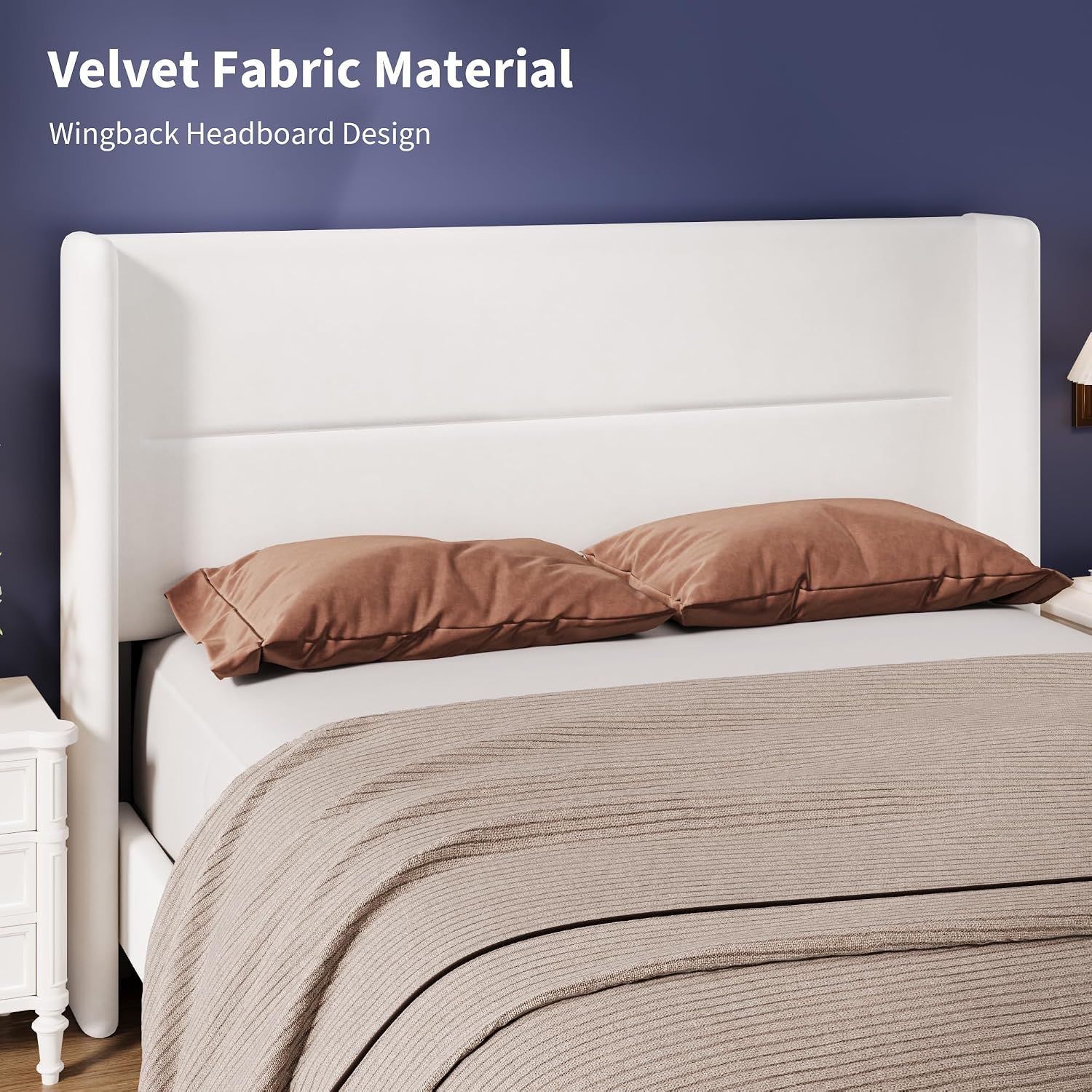IDEALHOUSE Queen Size Bed Frame, Velvet Bed with Wingback Headboard, White