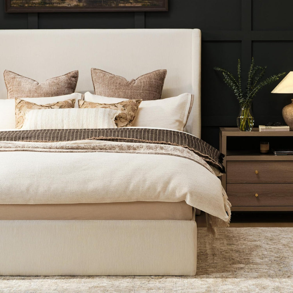 RECCI Queen Bed Frame with 53'' Extra Tall Wingback Headboard, Low Profile Grounded Upholstered Platform Bed Frame, Squeak-Free, Easy Assembly, No Box Spring Needed, Beige