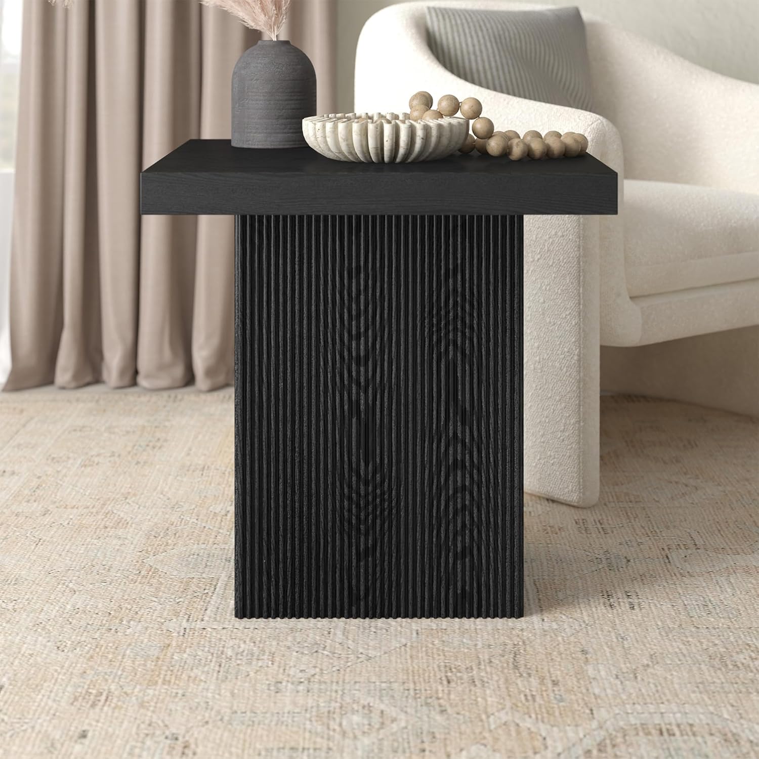 Henn&Hart 22" Fluted Modern Wooden Square End Table, Ribbed Side Table, Nightstand for Living Room, Office, Family Room, or Bedroom, Natural Black