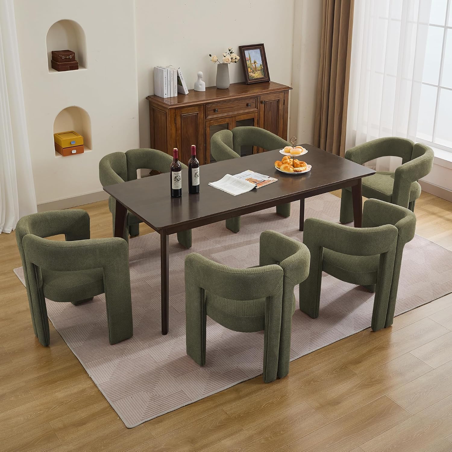 adochr Modern Barrel Dining Chairs Set of 6, Upholstered Linen Dining Room Chair with Wooden Legs, Accent Chairs with Arms, Comfy Side Armchairs for Kitchen/Dining Room/Living Room, Green