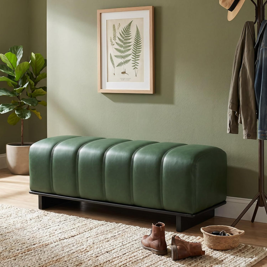 Christopher Knight Home Lamie 49.13" Faux Leather Upholstered Dining Bench, Wooden Entryway Bench, Long Sofa Footstool for Living Room, Bedroom End of Bed Bench, Green+Black