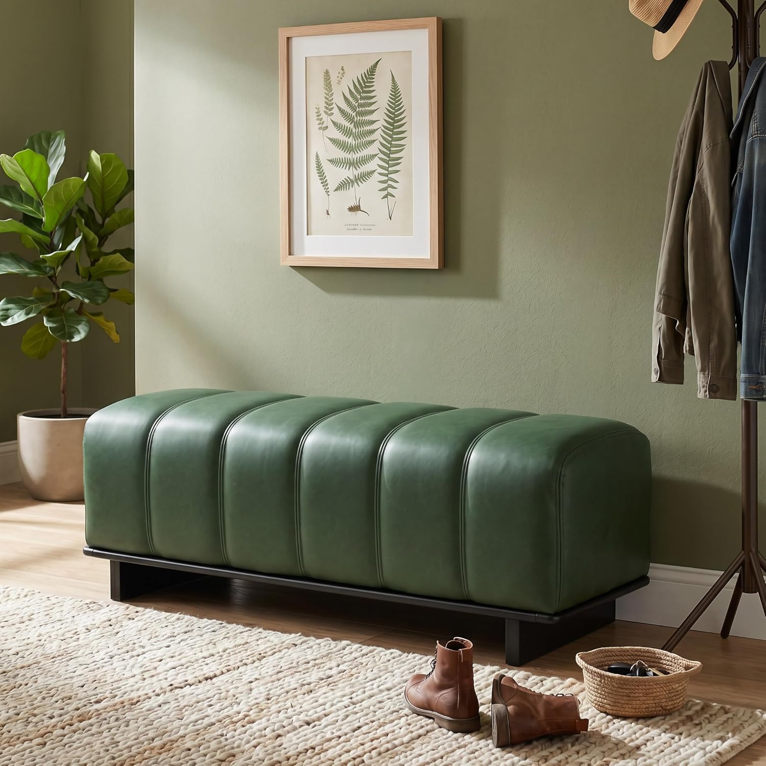 Christopher Knight Home Lamie 49.13" Faux Leather Upholstered Dining Bench, Wooden Entryway Bench, Long Sofa Footstool for Living Room, Bedroom End of Bed Bench, Green+Black