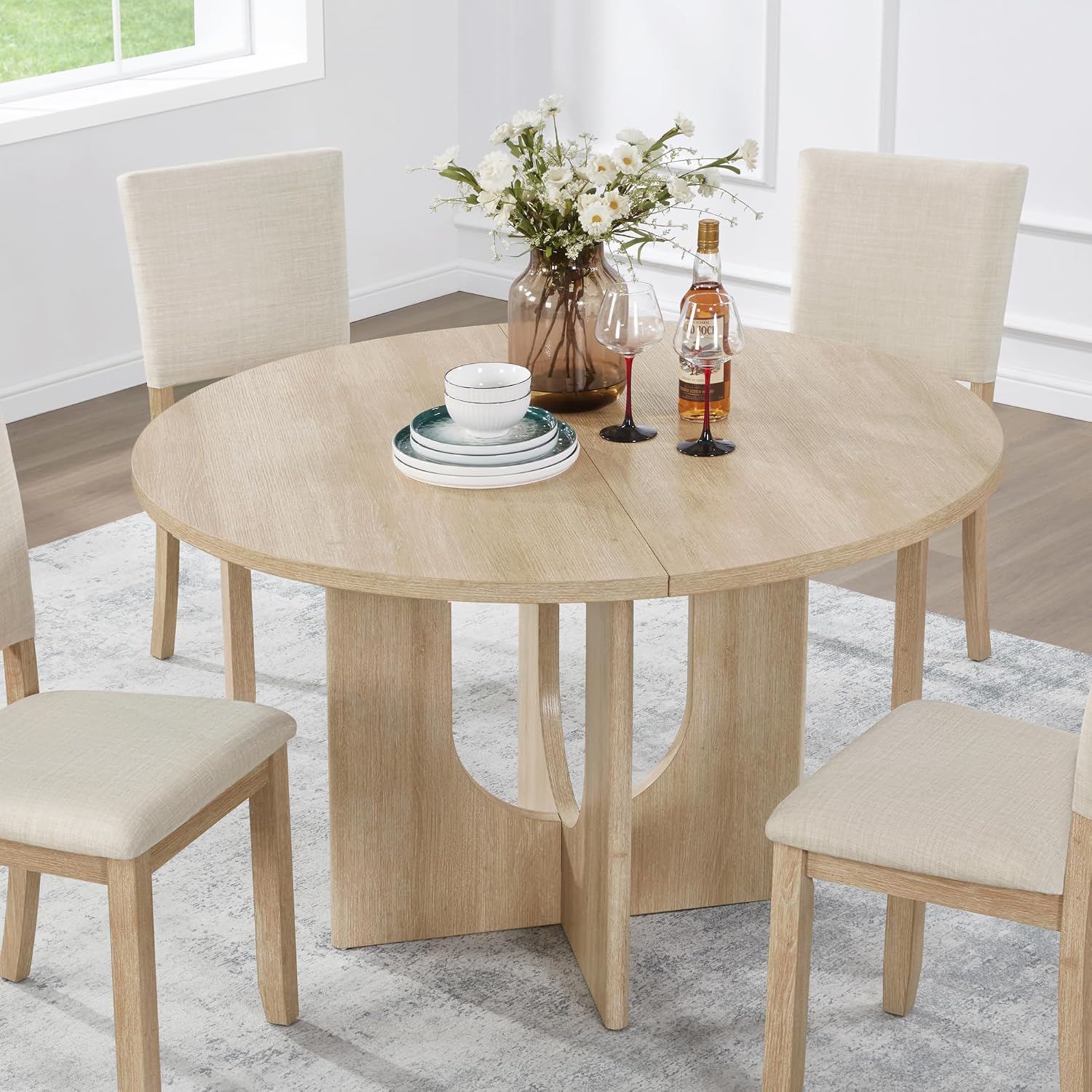 Modern Round Dining Table for 4, Farmhouse 47.3inh Kitchen Table for Dining Room, Living Room, Light Oak