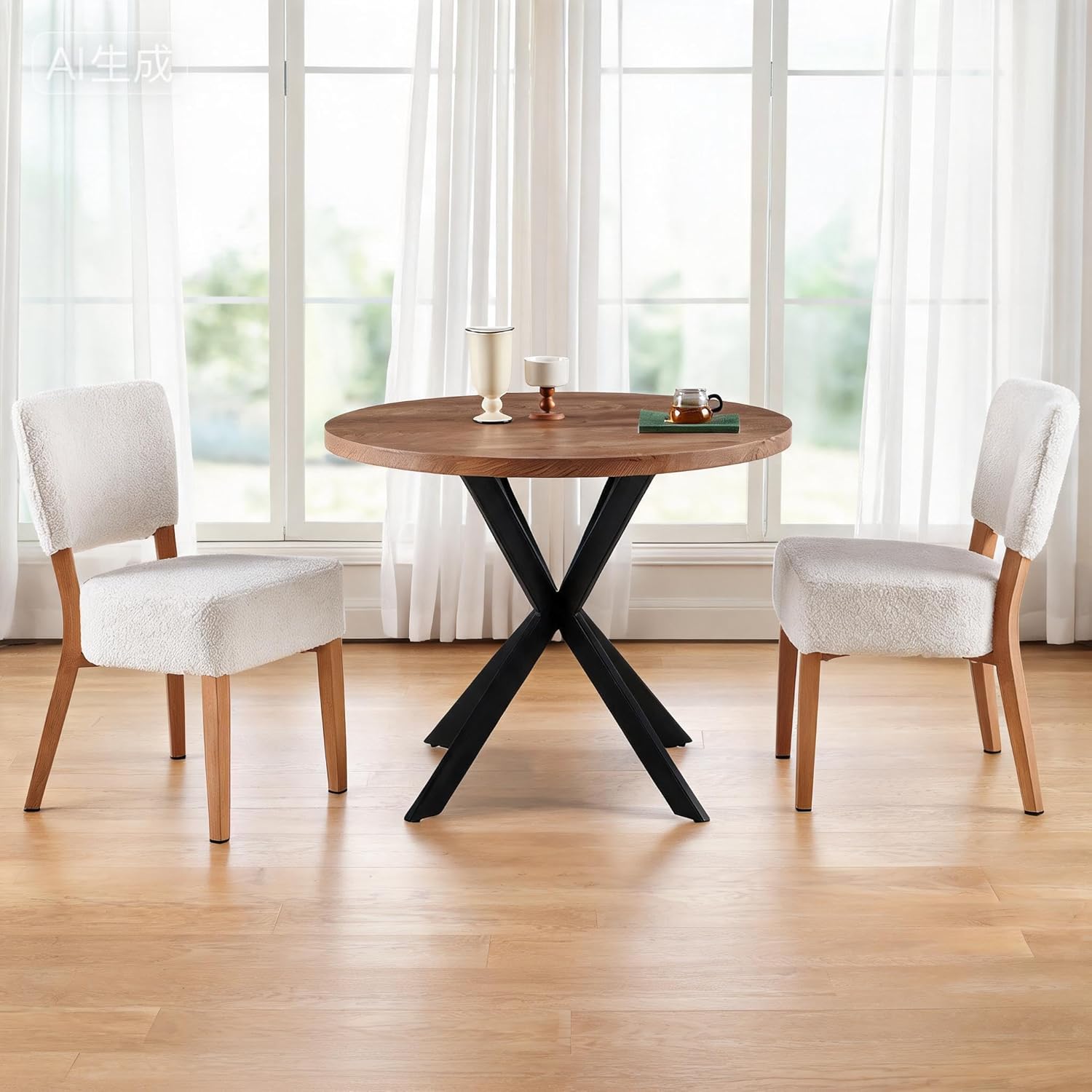3-Piece Round Table & Chair Set, Space Saving Kitchen Breakfast Nook Walnut Wood Grain Tabletop with Metal Frame and 2 Stackable Dining Chairs for Kitchen, Dining Room, White