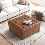 Grepatio 35.5" Large Square Storage Ottoman, Lift Top Ottoman Square Bench with Storage, Tufted Upholstered Ottomans, Ottomans Coffee Tables for Living Room, Bedroom (Brown)