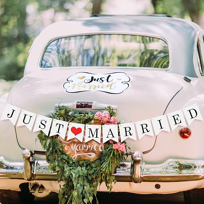Tallew 4 Sets Just Married Car Decorations Ornate Magnets 12 x 7.5, Wedding Day Car Window Decals 5.1 x 22.4, Just Married Sign Banner Decorations for Honeymoon Wedding