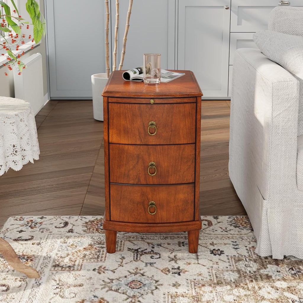 Solid Wood End Table with 3 Drawers, Cherry Red American Style Beside Table with Slide-Out Coffee Tray, Sofa Chair Side Table Nightstand for Living Room Bedroom, Rustic Wood Grain Accent Table 1569MG