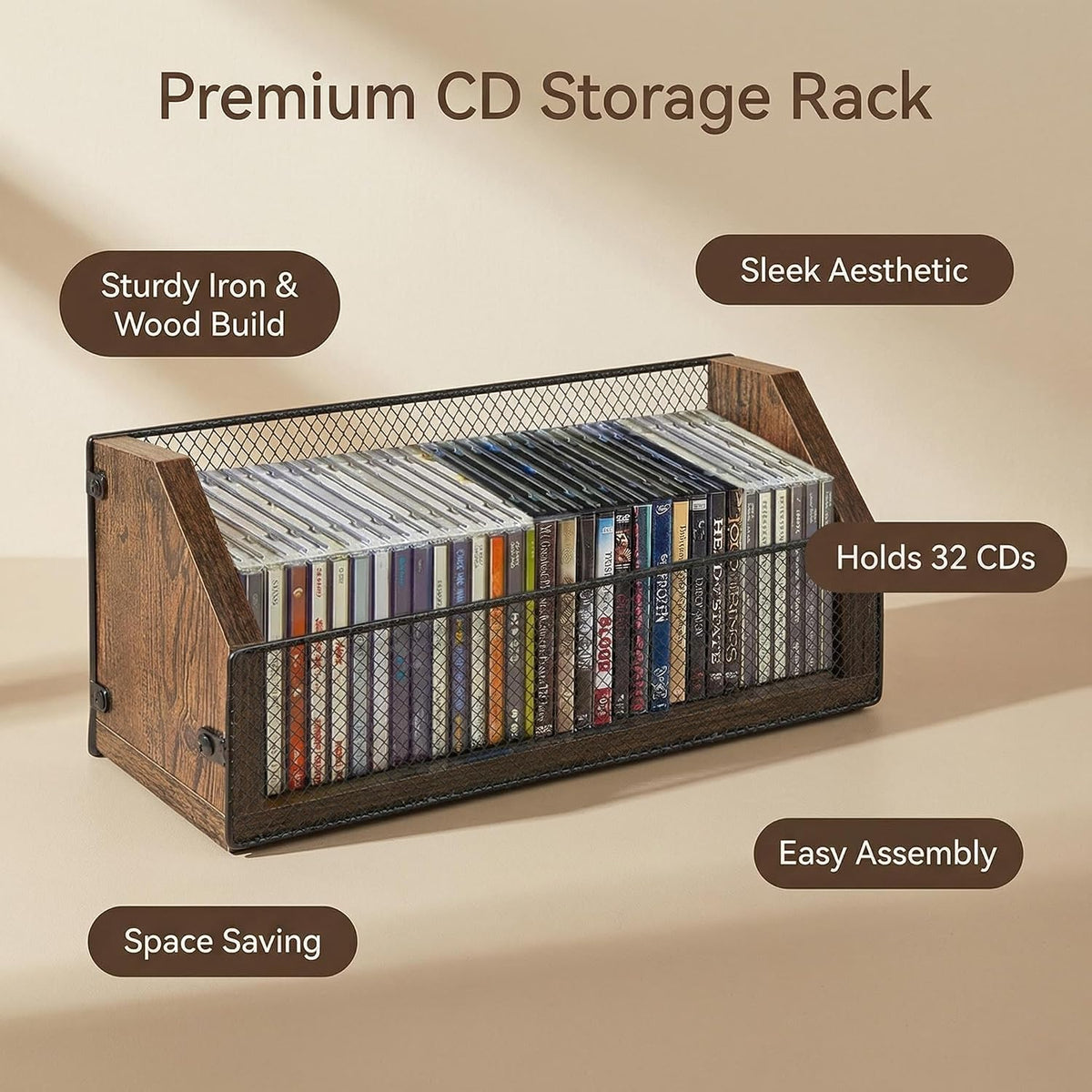 CD Storage Rack, Wooden CD Organizer Holds 32 CDs, Retro CD Shelf for Desktop, Perfect for DVD, Blu ray & Video Game Cases, Space Saving