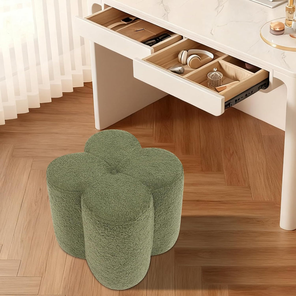 Pouf Ottoman, Flower Footrest Vanity Stool, 14.96"x15.74" Footstool Ottomans, Decorative Floor Poufs Foot Rest for Couch Bedroom Living Room Makeup Room Entryway (Green)
