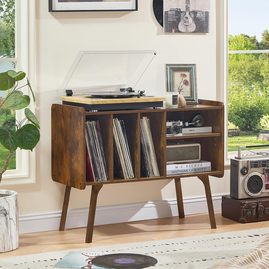Lerliuo Record Player Stand with 4 Cabinet Holds Up to 220 Albums,Brown | Large Turntable Stand with Wood Legs, Mid-Century Record Player Table,Vinyl Holder Storage for Bedroom Living Room