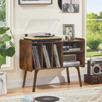 Lerliuo Record Player Stand with 4 Cabinet Holds Up to 220 Albums,Brown | Large Turntable Stand with Wood Legs, Mid-Century Record Player Table,Vinyl Holder Storage for Bedroom Living Room