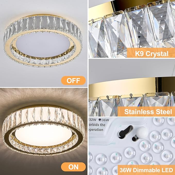 Modern K9 Crystal Dimmable LED Flush Mount Ceiling Light,15 Inch 36W/5CCT 3000K-6000K,Luxury Gold Round Large Close to Ceiling Lighting Fixtures for Living Room,Kitchen,Bedroom,Dining Room