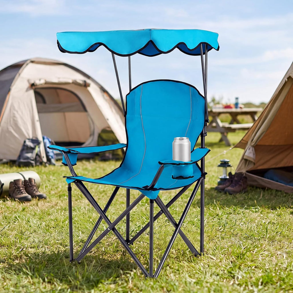 Goplus Camping Chair with Canopy Shade, Folding Lawn Chair with Umbrella Cup Holder & Carry Bag, Portable Sunshade Chair for Adults for Beach Outdoor Travel Hiking Fishing (Light Blue)