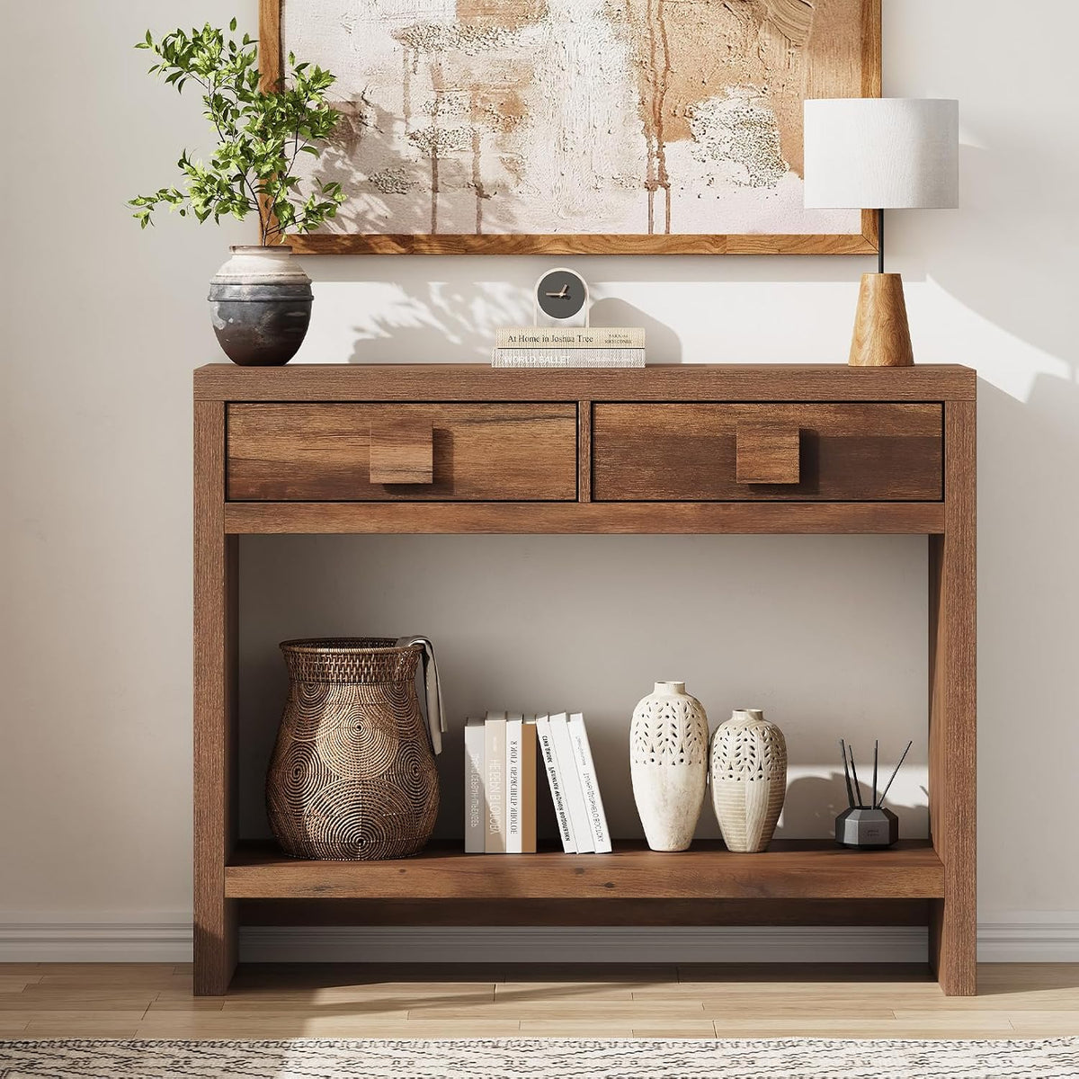 ONBRILL 40 Inch Narrow Console Table with Drawers and Open Shelves