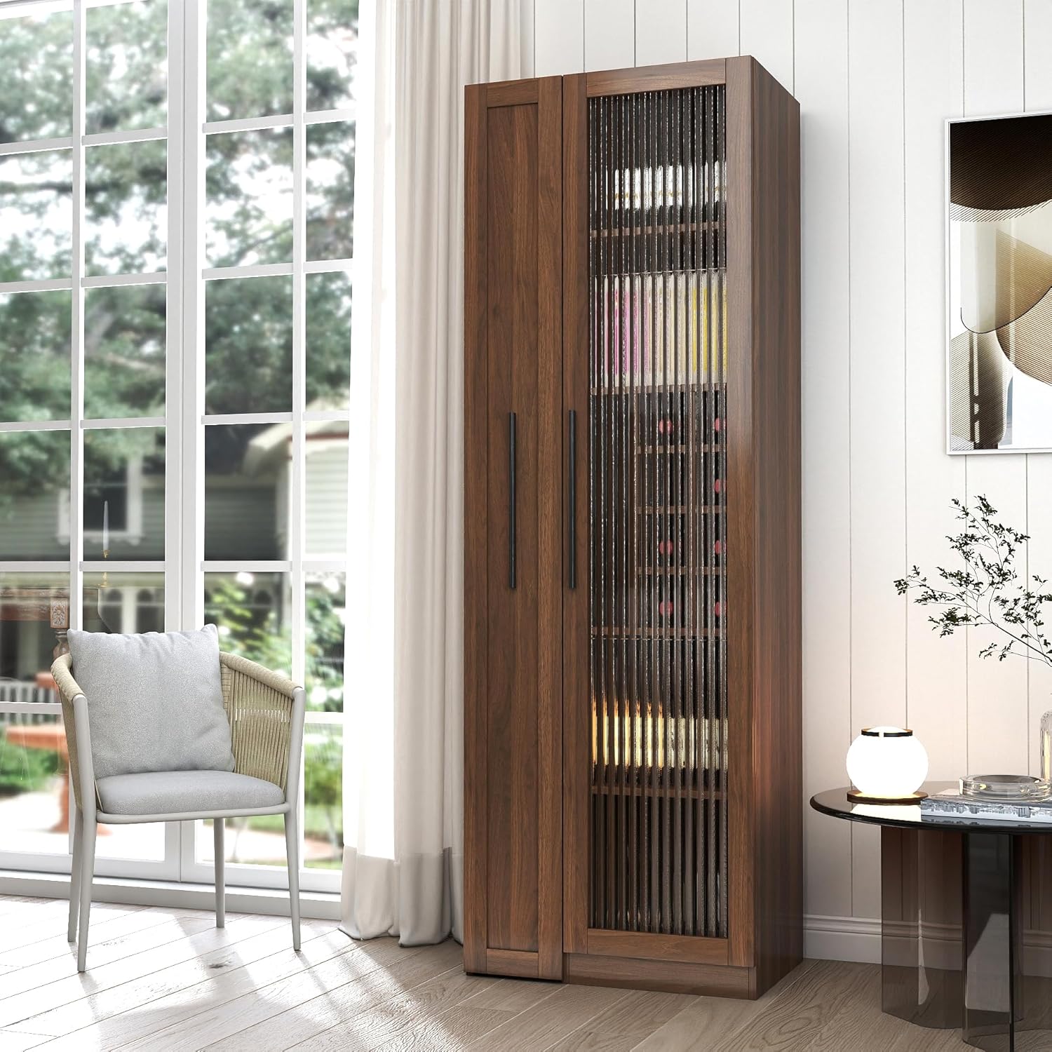 Kitchen Pantry Cabinet with 5-Tier Shelf, Pull-Out Hutch Cabinet with Glass Door & Spice Rack, Freestanding Wine Bar Cabinet with Glass Holder & 8-Bottle Wine Rack for Living Room, Dining Room, Walnut