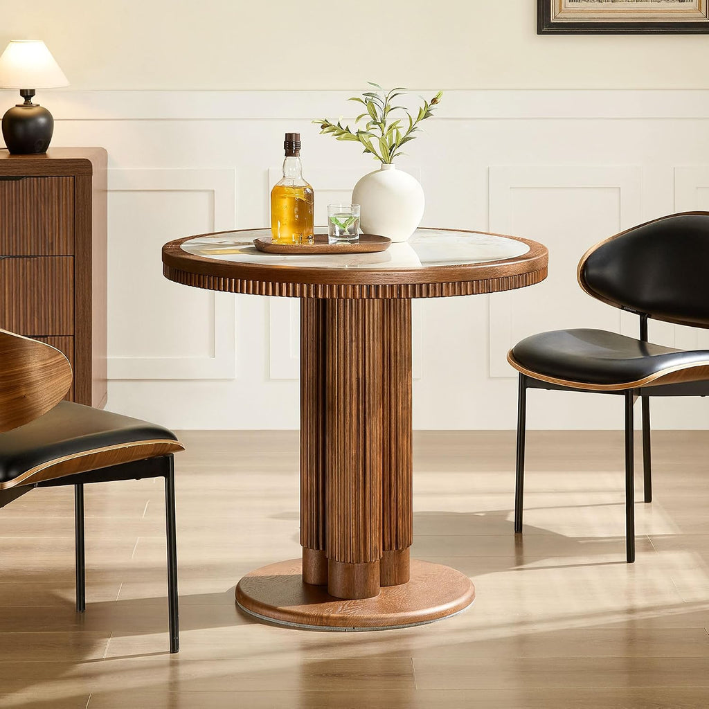 33.07 inch Mid-Century Round Dining Table for 2-4 People, 9mm Sintered Stone Recessed Tabletop, Solid Wood Reinforced MDF Frame, Compact Circular Bistro Table for Kitchen Dining Room