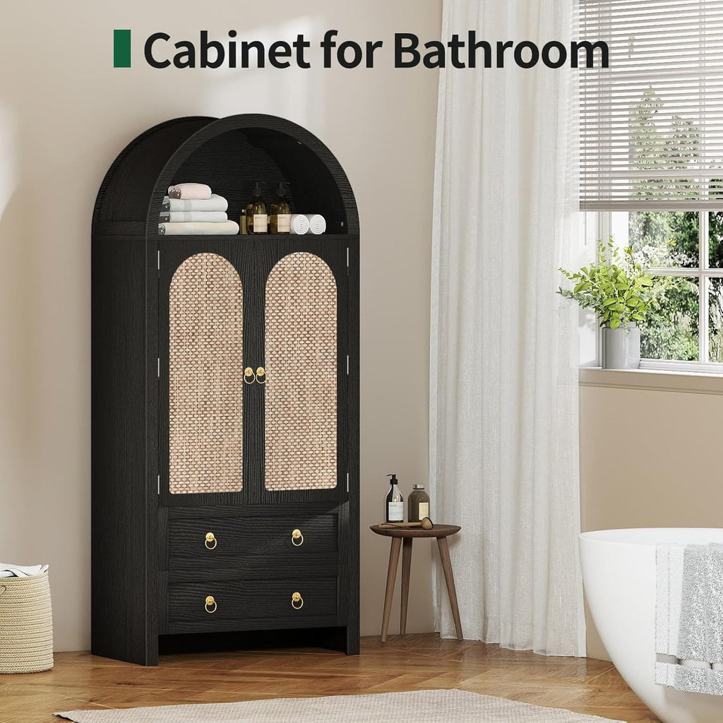 71" Arched Cabinet Kitchen Pantry Cabinet with Rattan Doors, Storage Cabinet with Drawers & Height Adjustable Shelves, Hutch Cabinets with Storage, Tall Arch Bookcase for Dining Room Kitchen, Black