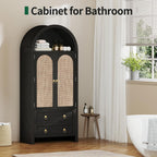 71" Arched Cabinet Kitchen Pantry Cabinet with Rattan Doors, Storage Cabinet with Drawers & Height Adjustable Shelves, Hutch Cabinets with Storage, Tall Arch Bookcase for Dining Room Kitchen, Black