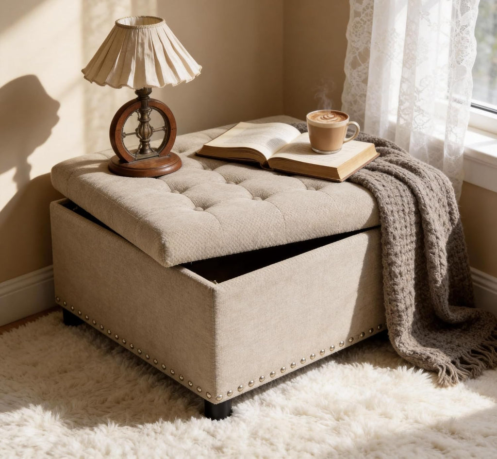 Oversized Square Ottoman with Storage for Living Room, Upholstered Fabric Tufted Footstool with Storage, Mid Century Modern Ottoman Foot Rest for Chair, Camel