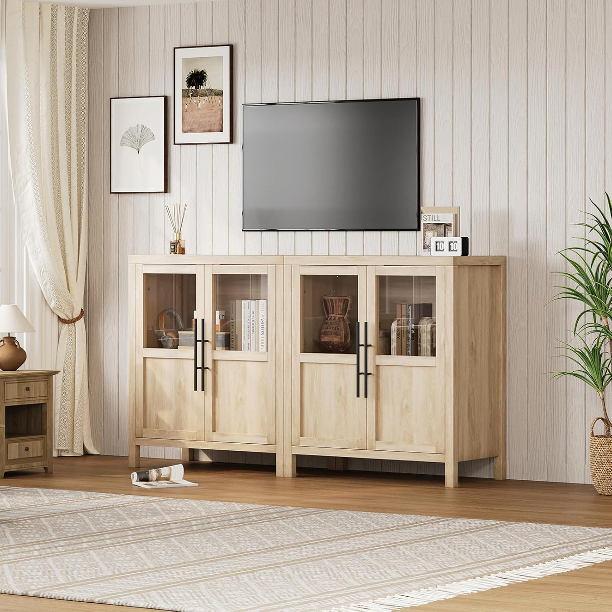 Garvee Large Buffet Cabinet with Storage, Sideboard Buffet Cabinet with Glass Doors, Modern Farmhouse Storage Cabinet Table for Kitchen Dining Room, Living Room (Pear Wood, Glass with 2 Doors)