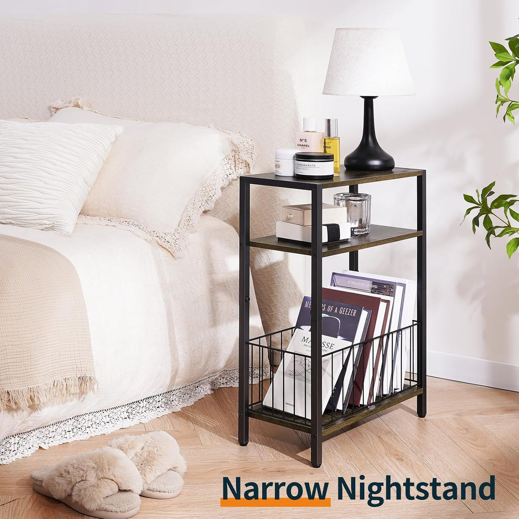 Yoobure Narrow Side Table with Storage Basket, Small End Table for Small Spaces Skinny Side Tables Living Room Bedroom, Slim Nightstand 3 Tier Bedside Table Space-Saving for Magazine, Rustic Brown