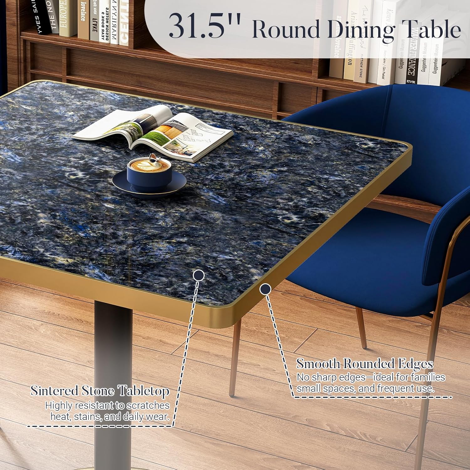 31.5'' Tulip Table, Square Pedestal Dining Table with Sintered Stone Tabletop, Gold Aluminum Alloy Edge & Base, Bistro Table for 2-4 Person for Kitchen/Cafe/Small Spaces/Restaurant (Sapphire Galaxy)